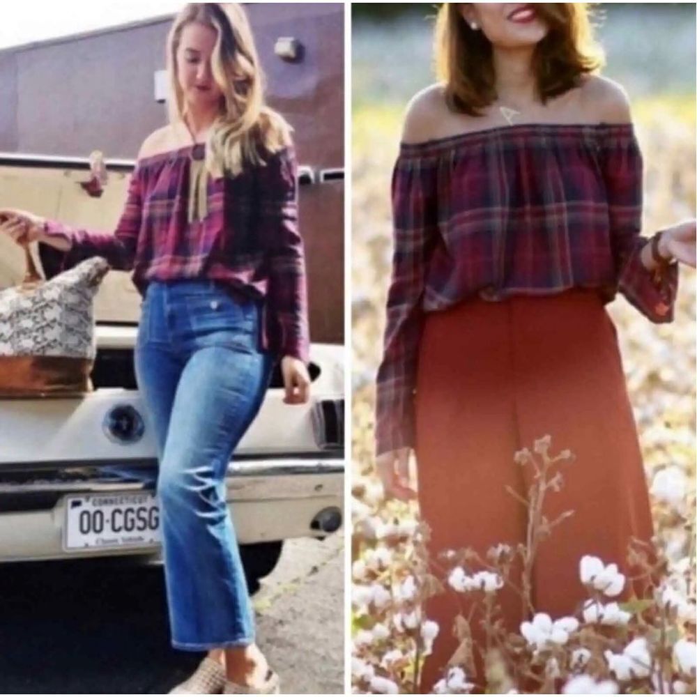 Anthropologie Cloth & Stone Homestead Plaid‎ Off the Shoulder Top L